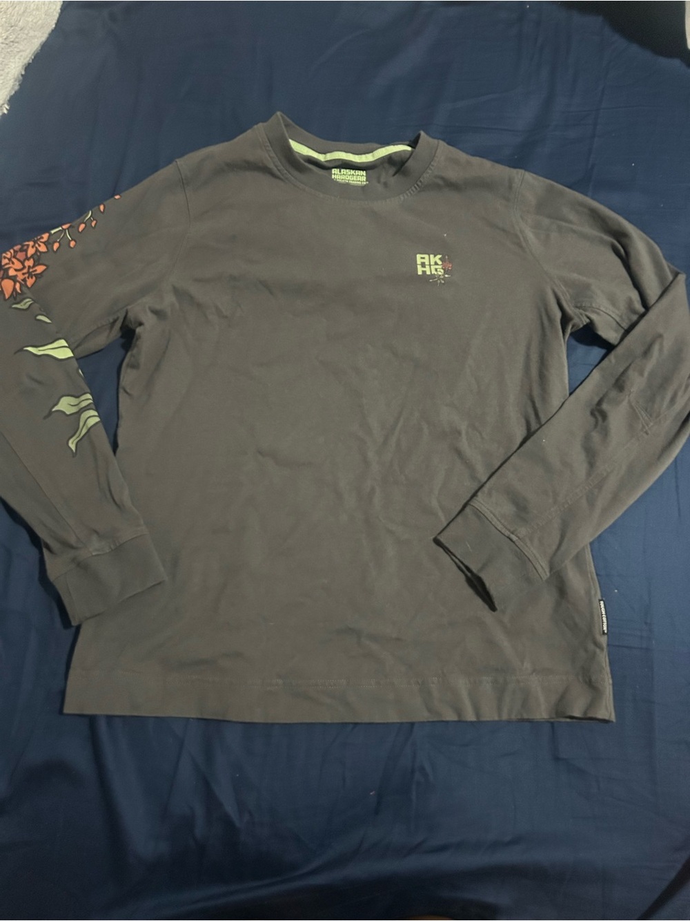Charcoal Long-Sleeve Tee with Green Trim and Orange Sleeve Detail